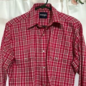 Red Wrangler casual plaid, pearl snap buttons.